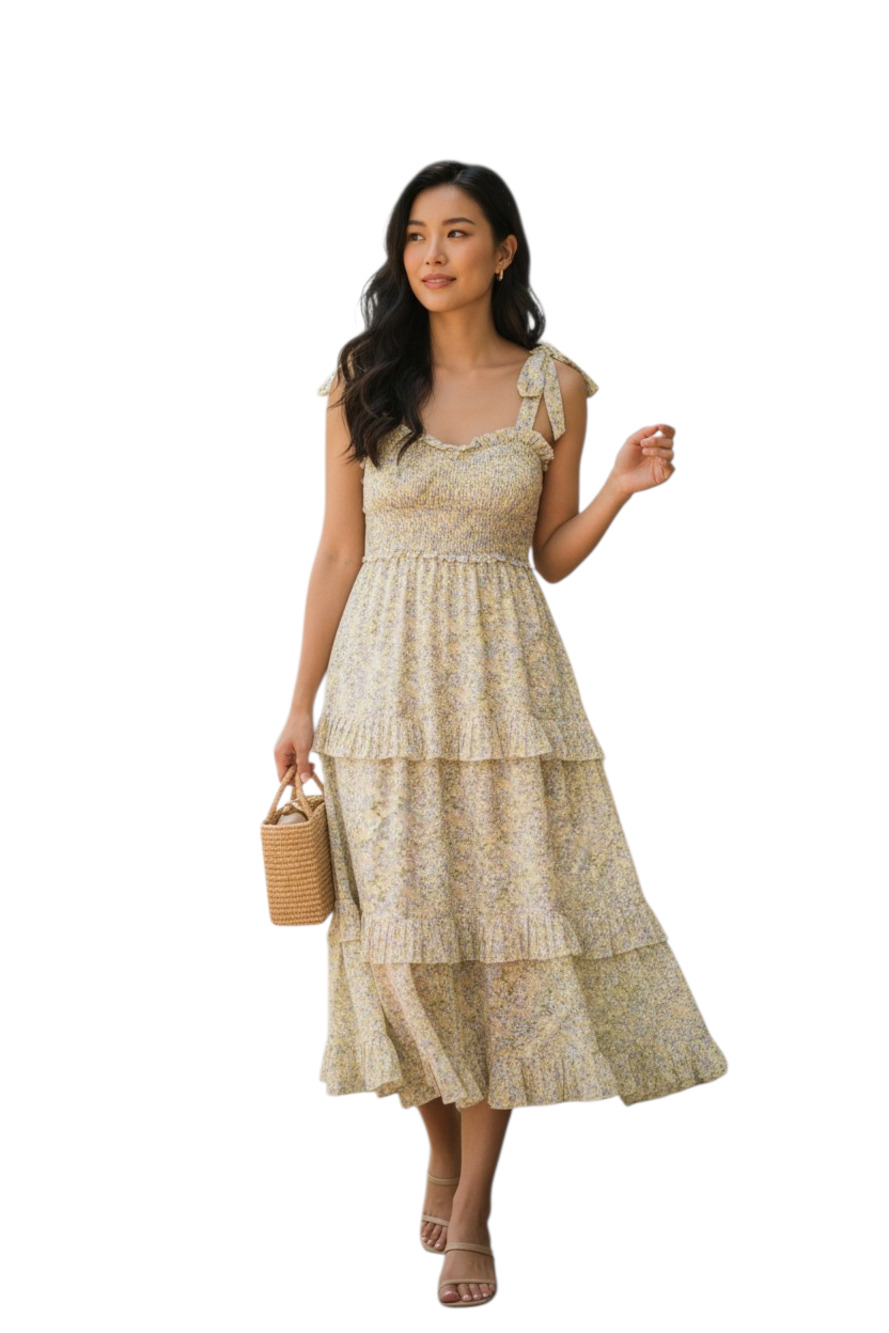just me Floral Print Smocked Tiered Midi Dress with Ruffle Detail, Small